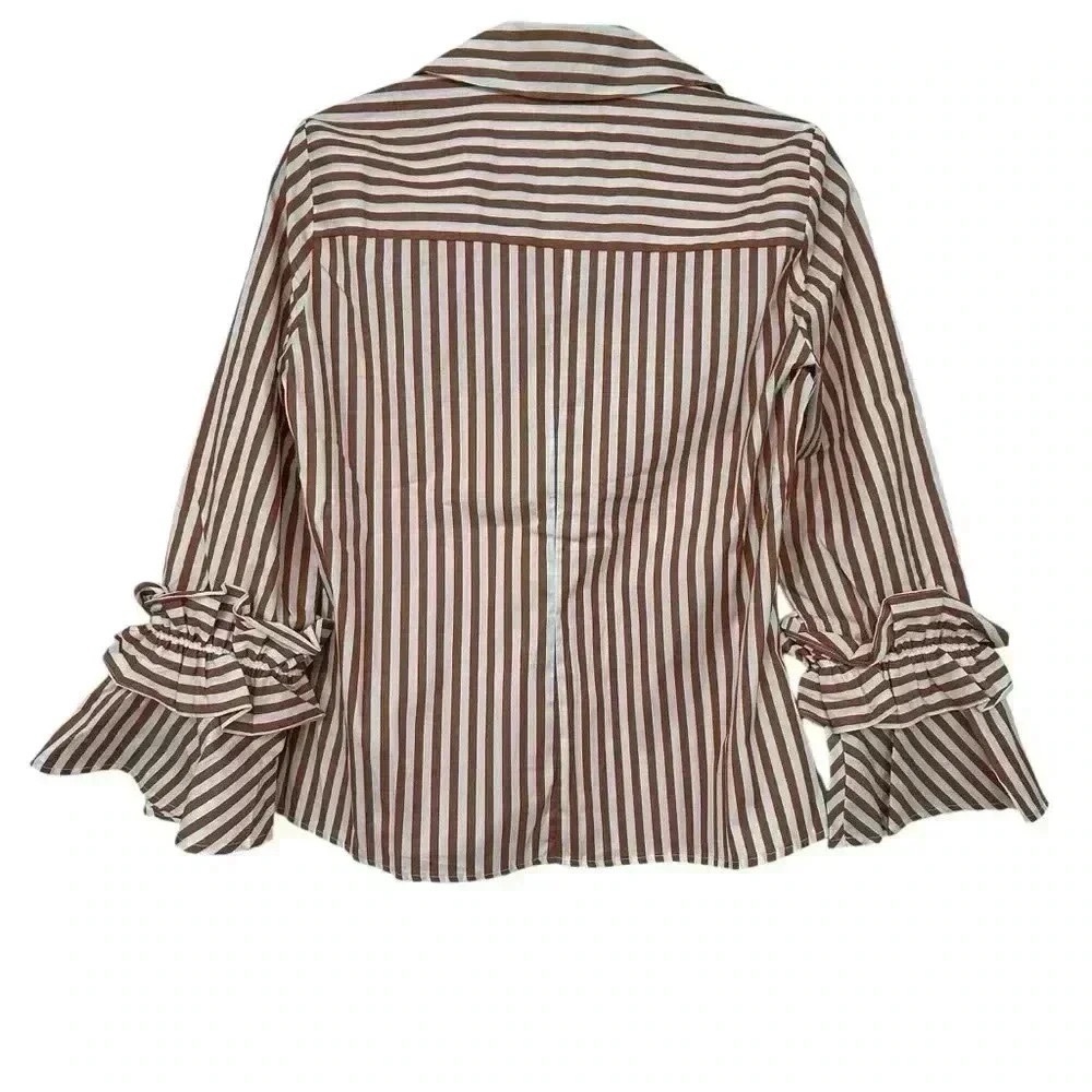 HARSHMAN SHIRT WOMEN’S XS BROWN STRIPED BUTTON DOWN FLARED SLEEVE COTTON NWT - Picture 13 of 13